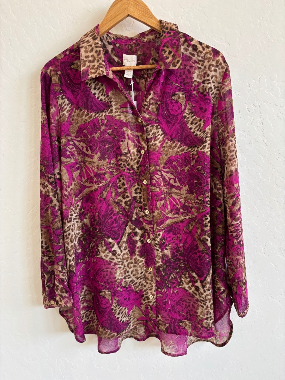NWT Chico’s Fuchsia Jungle Leopard Georgette Blouse Top Sz 3 Regular Large XL